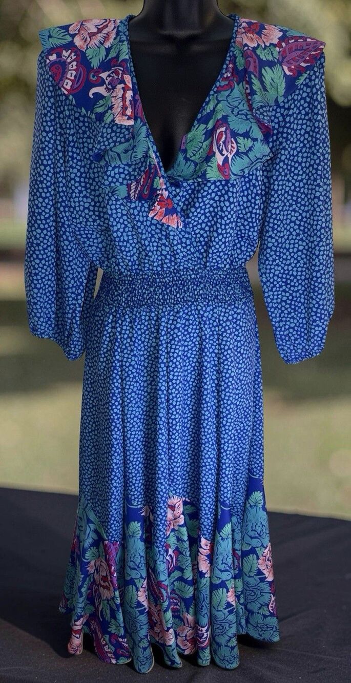Vtg 80s Susan FREIS midi DRESS Pleat Ruffles Boho Chic Hippie Festival Sz Small